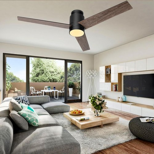 Flybull 52’’ Ceiling Fans with Lights Remote Control: Black Flush Mount Ceiling Fan for Bedroom - Quiet Low Profile Ceiling Fan 6 Speed & LED Light