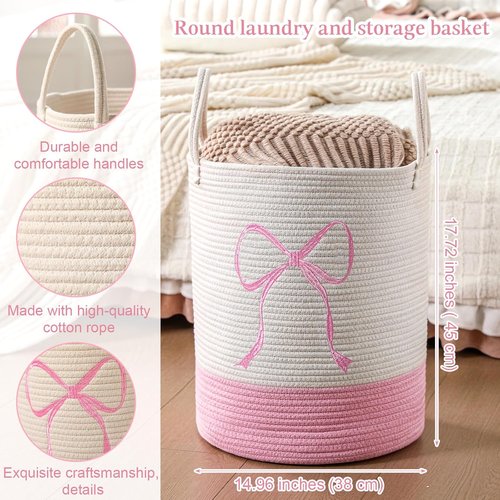Honeydak Pink Laundry Basket - Coquette Cotton Rope Hamper for Girls' Room | 15 x 17.7 Inches Storage Solution