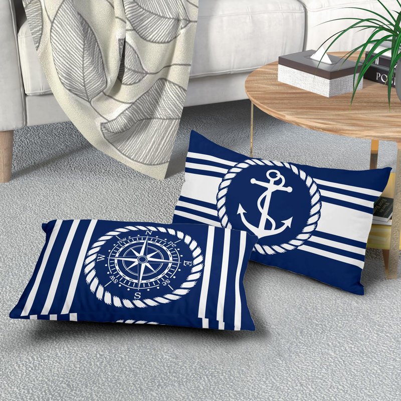 Navy Blue and White Anchors Pillowcovers Ocean Summer Throw Pillow Cover Coastal Nautical Lumbar Cushion Case for Sofa Home Decor Bedroom Living Room Outdoor 12 x 20 Inches Set of 2 Beach Pillow Cover