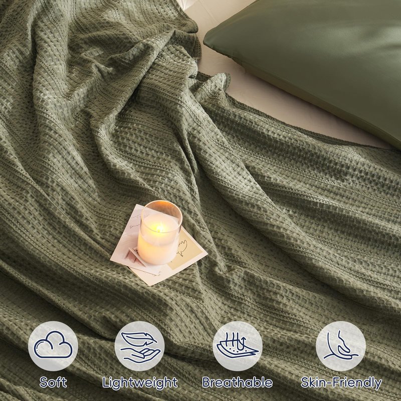 PHF Lightweight Waffle Weave Throw Blanket 50"x 60", Soft Woven Summer Blanket for Hot Sleepers - Aesthetic Home Decor for Couch Bed Sofa, Pet Friendly, Olive Green