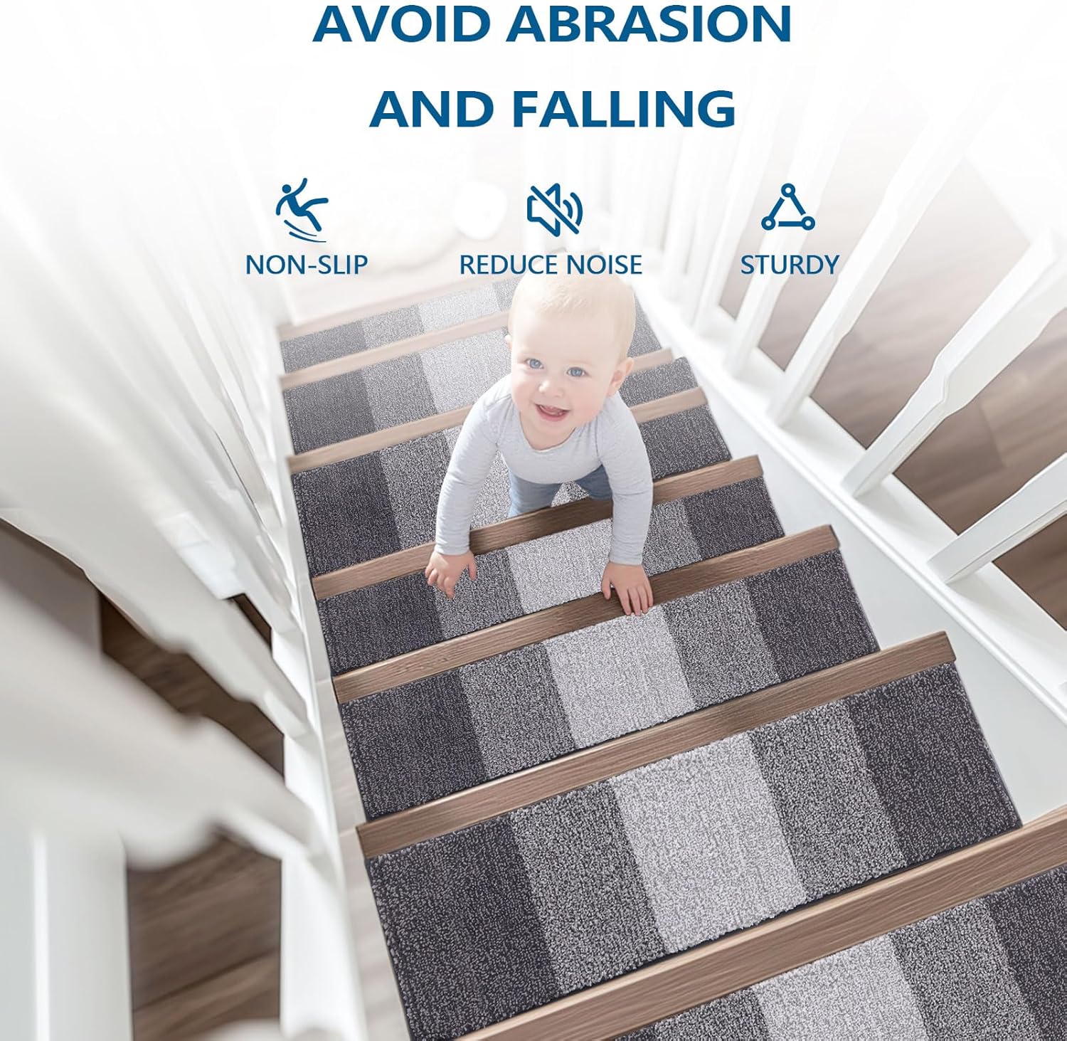 OLANLY Non-Slip Stair Treads - 15PCS Indoor Stair Runners for Wooden Steps | 8" x 30" Grey Edging Rugs