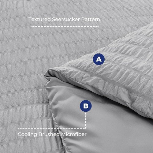 HYMOKEGE Queen Comforter Set - Light Grey Seersucker 7-Piece Luxury Bedding Set | All-Season Comfort