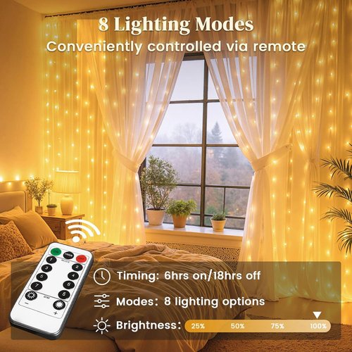 DomeStar 300 LED Curtain Lights - 9.8 x 9.8 FT Fairy Lights with 8 Modes Remote | Warm White Ambient Decor for Bedroom & Parties