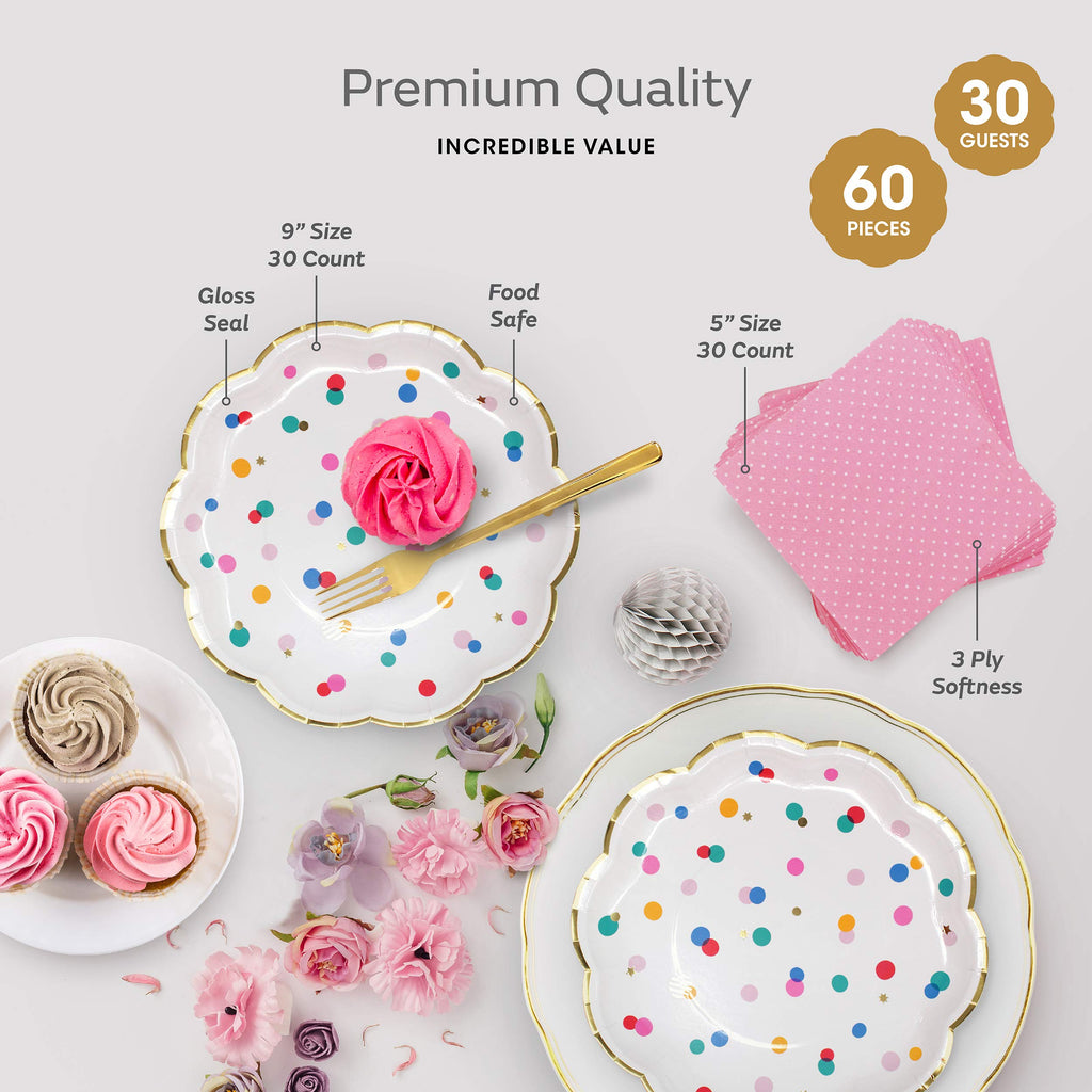 Premium Pink and Gold Party Plates Set - 30 Pack Disposable Plates and Napkins, Ultra-Durable 400GSM, No Soggy Mess