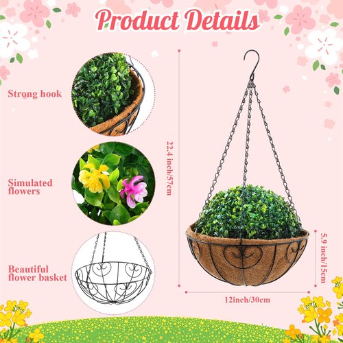 Lyrow 4 Pack Artificial Hanging Flowers with Baskets Outdoors Faux Flowers with 12 Inch Coconut Lining Baskets Realistic Artificial Hanging Plants for Patio Lawn Garden Decor
