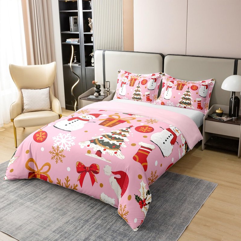 Pink Christmas 100% Cotton Duvet Cover Full Kawaii Xmas Tree Comforter Cover for Kids Boys Girls Winter Magic Snowflake Bedding Set Cute Snowman Quilt Cover Xmas Hats Girly Christmas Ornaments,3Pcs