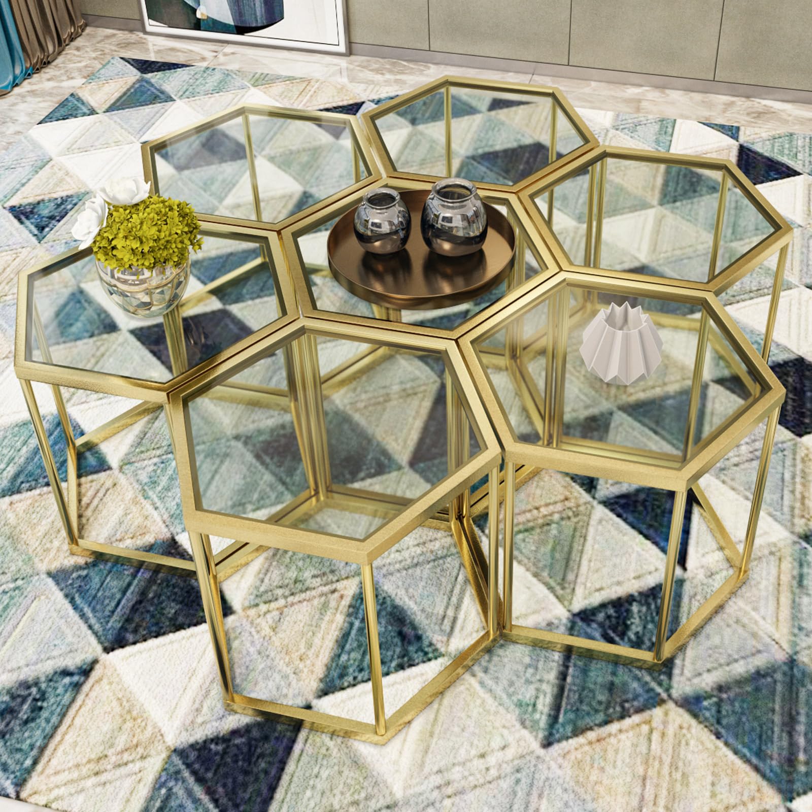 LUGSHIREE Gold Coffee Table Glass Modern Coffee Table, Hexagon Free Combination Glass Center Table Small End Tables with Metal Frame for Living Room Set of 1
