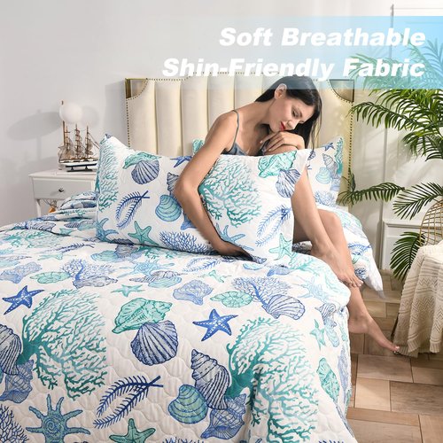 Ycosy 3 Piece Coastal Beach Quilt Set King Size Ocean Theme Bedding Set Blue Green Lightweight Bedspread Coverlet Shell Coral Conch Starfish Bed Covers Bedroom Decor with 2 Pillow Shams