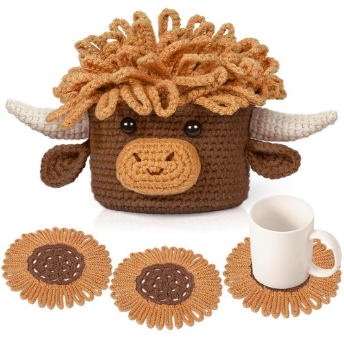 Drink Coaster, Highland Cow Gifts for Cow Lovers, Fun Woven Creative Set of 3 Coasters, Suitable for Most Cups, Handmade Crochet Cow Head Storage, Rustic Decor for The Home