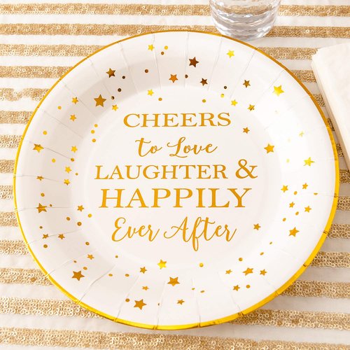 Crisky 50 Counts Cheers to Love Gold Plates for Bridal Shower, Wedding, Engagement, Bachelorett Party Decorations, Dessert, Buffet, Cake Disposable Plates Party Supples, 9" Plate