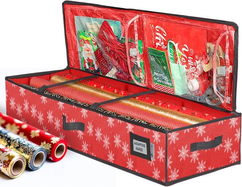HOLDN' STORAGE Premium Wrapping Paper Storage Container - Durable 600D Tear-Proof Design | Fits 27 Rolls, Extra Pockets for Ribbons & Bows, Red/White Snowflakes