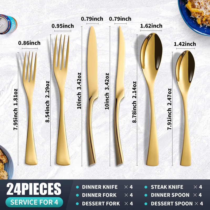 Joincook 24 Pieces Gold Silverware Set with Steak Knives Service for 4,Modern 18/10 Stainless Steel Flatware Cutlery Set,Utensil Set for Home Restaurant Hotel,Mirror Polished,Dishwasher Safe