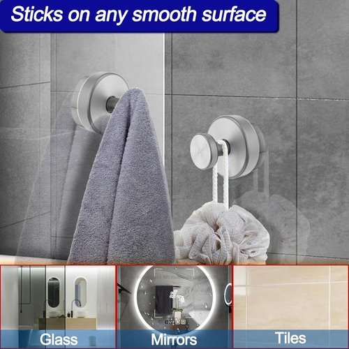 Bntuk Suction Cup Hooks - Removable Bathroom Towel Hooks for Shower & Glass - 4 Pack, Silver