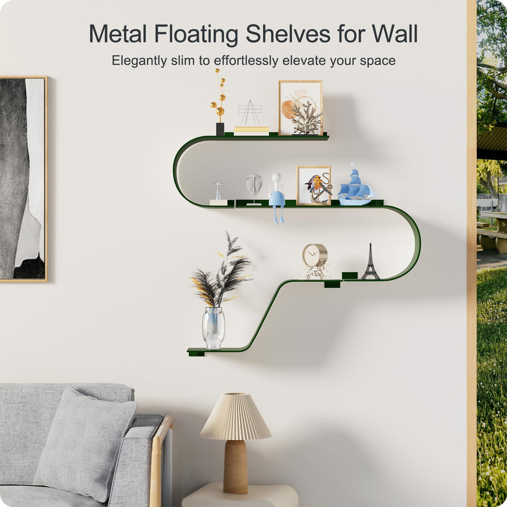 BUTUNITA Green Floating Shelves Set of 3, Green Metal Decor, Unique Mounted Floating Shelf, Modern Long Wall Shelf, Large Wall Shelves for Bedroom, Bathroom, Living Room