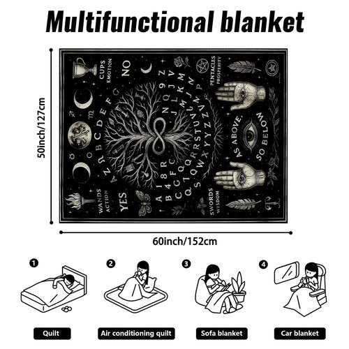 Spirit Board Blanket - Gothic Witchy Throw Blanket 60"x50" | Celestial Tarot Divination Flannel Fleece Blanket | Mystic Occult Moon Phase Blanket for Halloween, Witchy Home Decor, Gothic Gifts