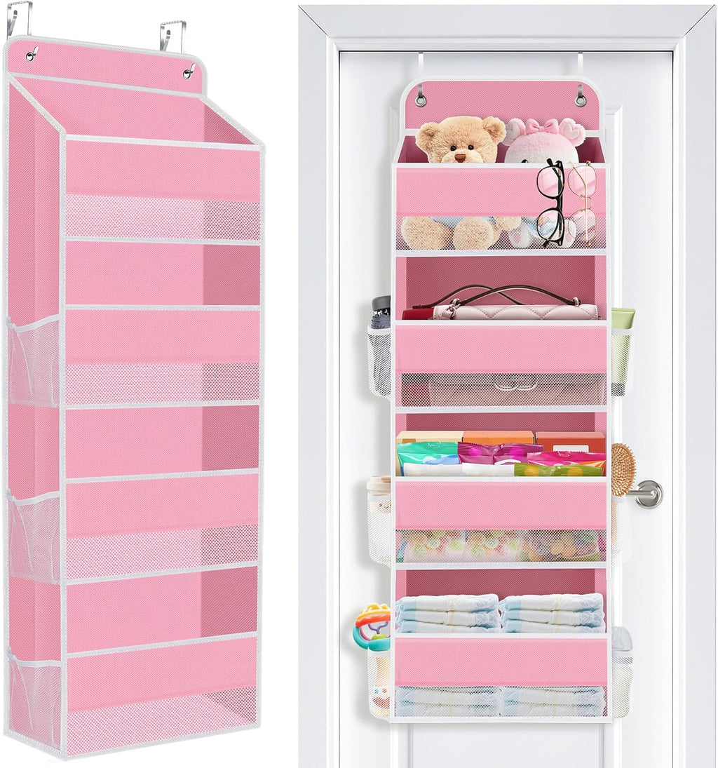 SpaceWhisper Over The Door Organizer - 4 Large Pocket Hanging Storage For Nursery & Bathroom (Pink)