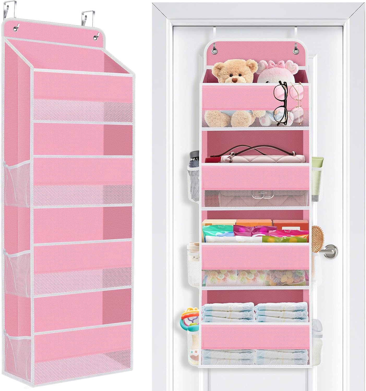 SpaceWhisper Over The Door Organizer - 4 Large Pocket Hanging Storage For Nursery & Bathroom (Pink)