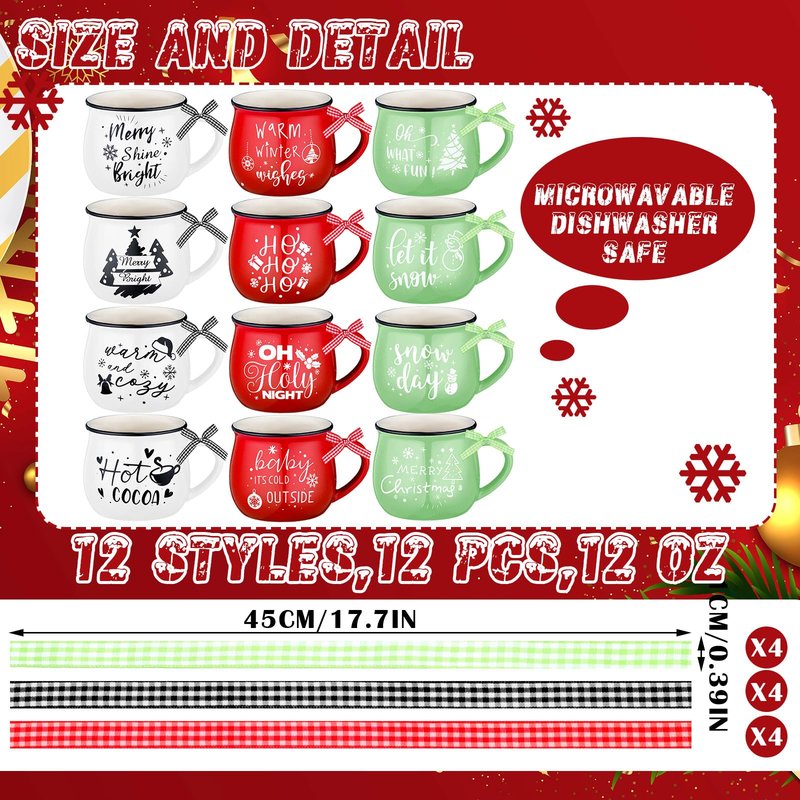 Suttmin 12 Pcs Ceramic Christmas Mugs Set 12 oz Christmas Coffee Cups with Ribbon for Tea and Coffee Xmas Holiday Gift Tiered Tray Decor for Hot Cocoa Kitchen Table, Red, Green, White