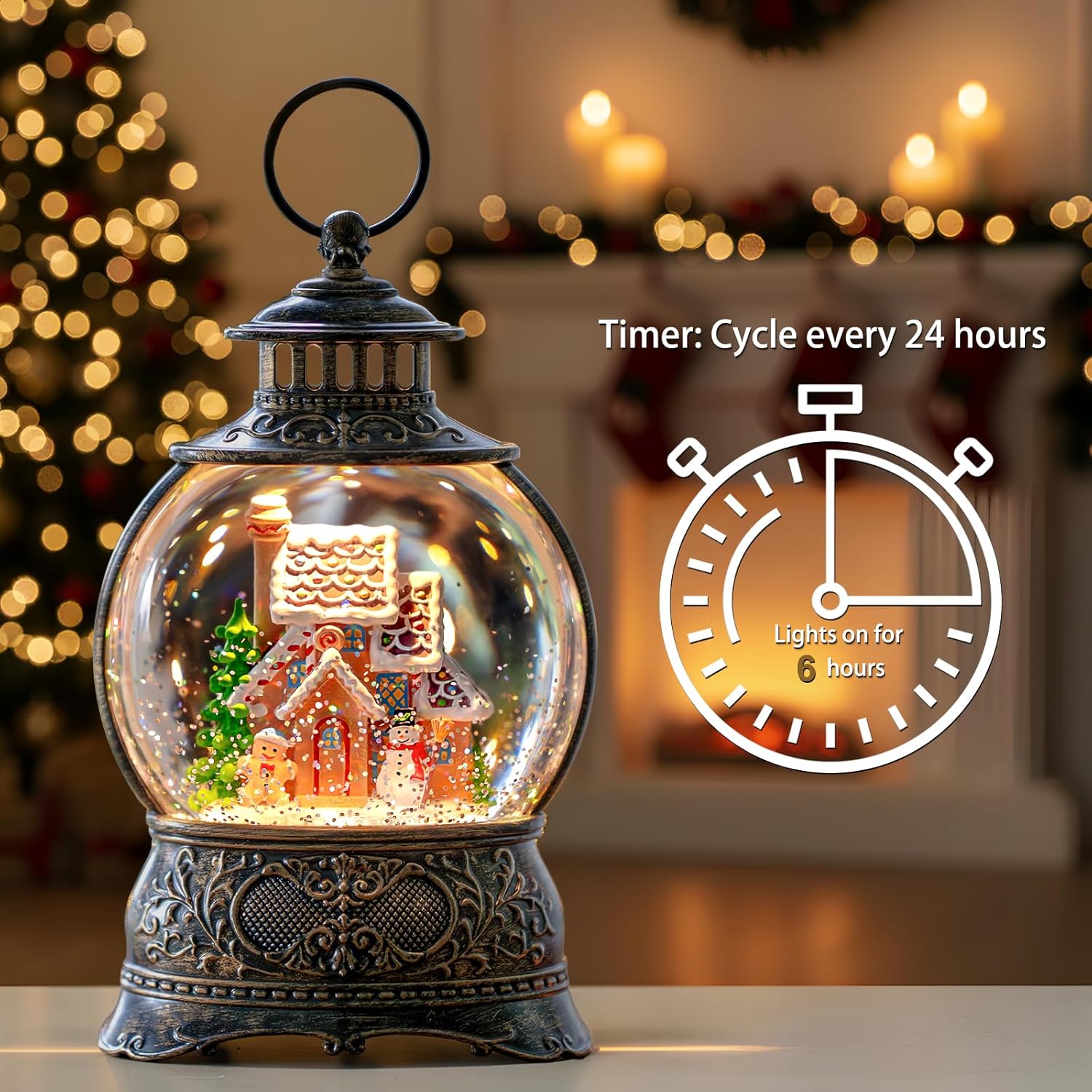 Regine Switzerland Christmas Snow Globe - Gingerbread Man & Snowman Water Lantern with Music & Timer | USB/Battery Operated for Festive Decor
