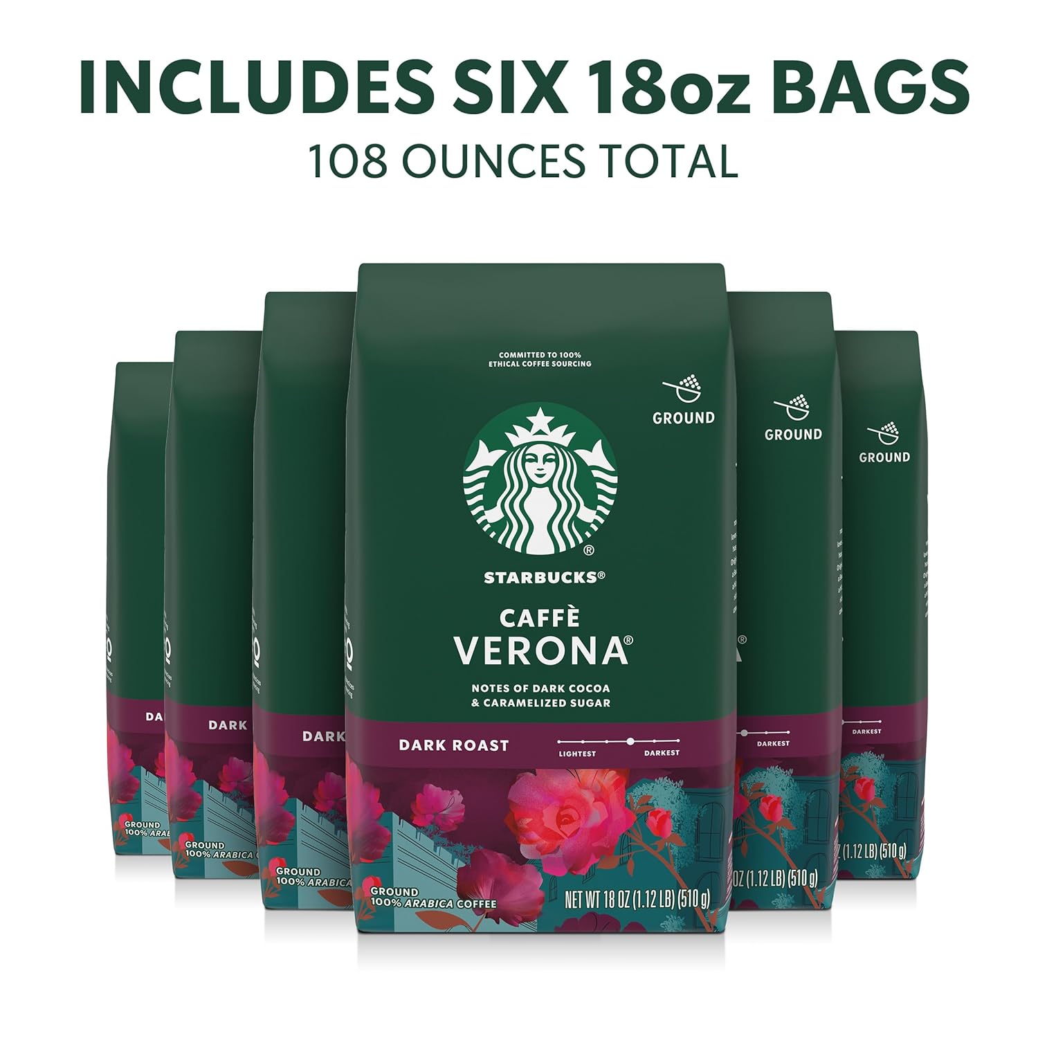 Starbucks Ground Coffee - Dark Roast Caffè Verona for Hot or Iced Coffee | Six 18 oz Bags