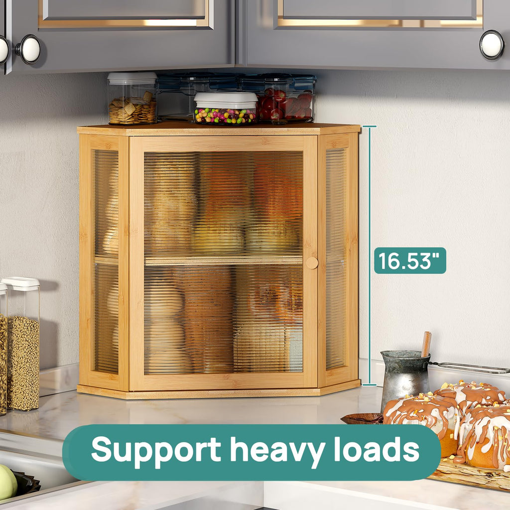 viewcare Corner Bread Box for Kitchen Counter, Bamboo Wood Large Capacity Bread Storage Bin with Acrylic Wavy Door Panel (Natural, Extra Large)