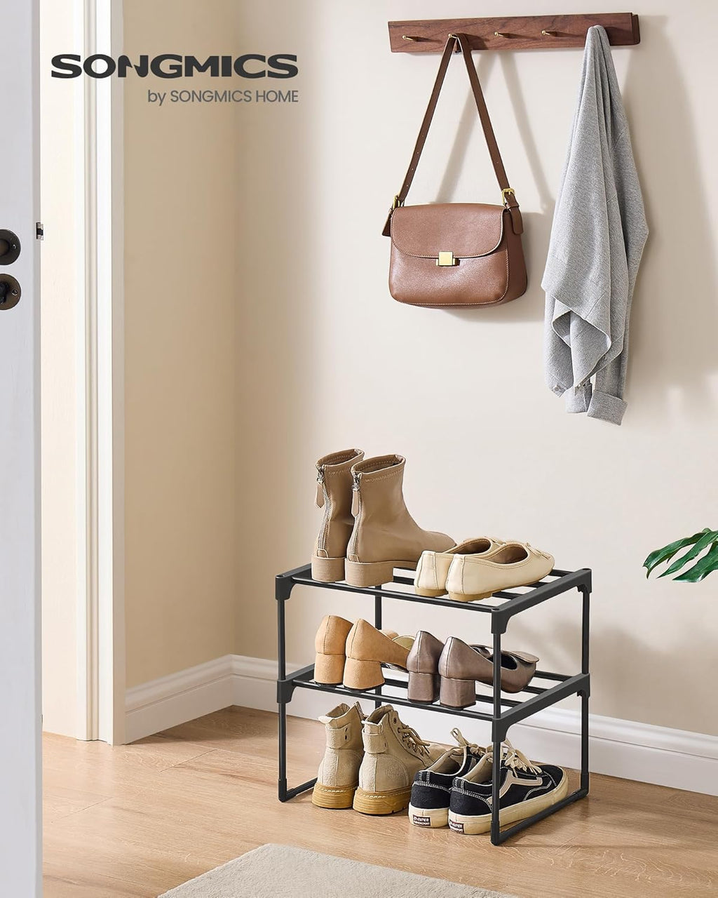 SONGMICS 2-Tier Shoe Rack - Stackable Metal Organizer for 3-6 Pairs | Versatile Entryway Storage, Black 11.8 x 16.7 x 14.8 Inches
