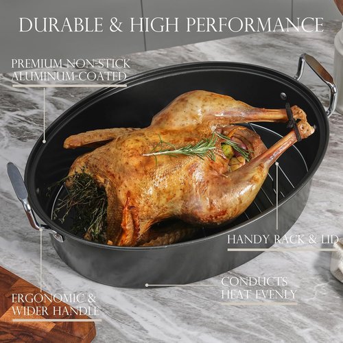KITESSENSU Extra Large Roasting Pan - Nonstick Turkey Roaster with Rack, 18 x 14 Inch, Gray
