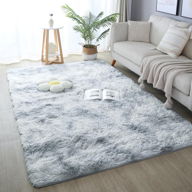 KICHOWUA 6x9 Light Grey Fluffy Shag Area Rug for Bedroom, Soft Plush Fuzzy Washable Non Slip Carpet for Living Room, Modern Comfy Furry Shaggy Large Rug for Kids Baby Boys Nursery Dorm, Tie-Dye Gray
