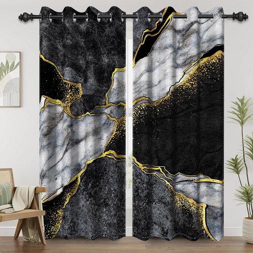Renaiss Black Marble Blackout Curtains for Bedroom Abstract Golden Gray Texture Window Curtain Modern Luxury Crack Art Window Drapes for Living Room Decor Curtains 2 Panels Set, 42x84 Inch