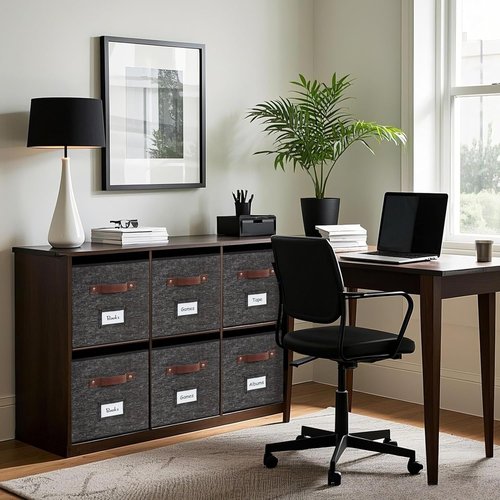 DECOMOMO Storage Baskets - 13x15x13 Cube Bins with Labels for Organized Shelves | Black Pattern (4pcs)