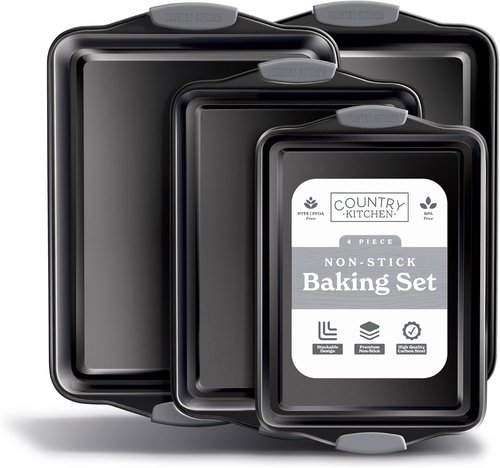 Country Kitchen Nonstick Bakeware Set - Durable & Easy Release, Stackable 4-Piece Set in Grey