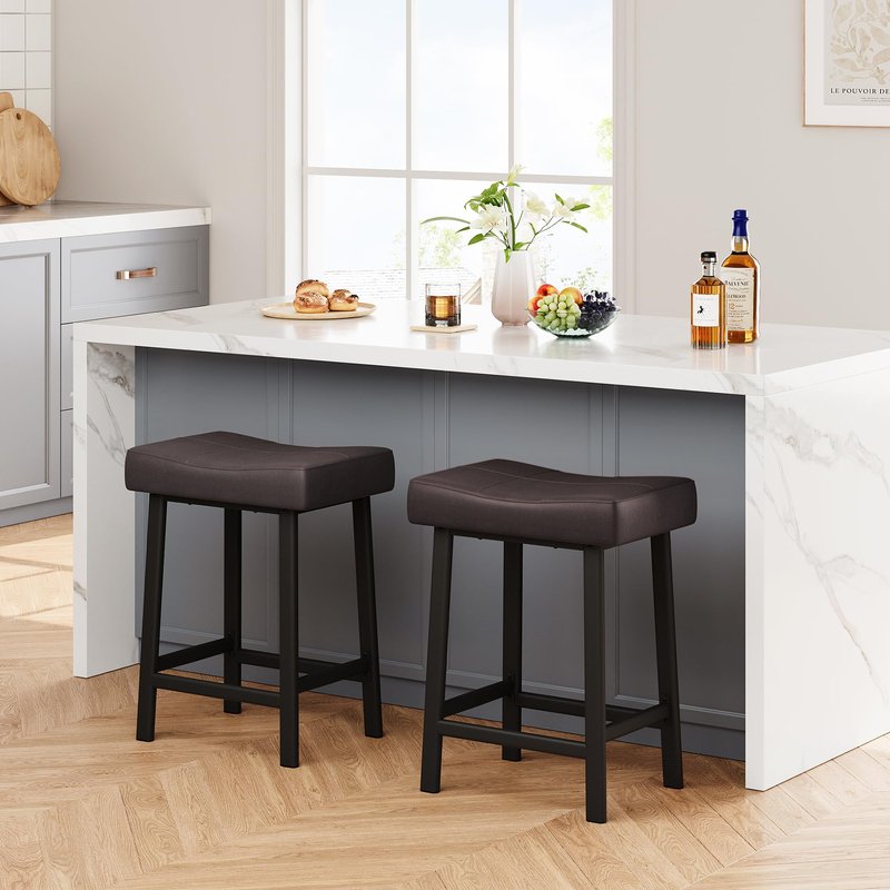 IDEALHOUSE 24 Inch Backless Saddle Barstools Set of 2, Counter Height Upholstered Padded Barstools with Curved Surface, Metal Leg and Footrest, for Kitchen Counter, Home Bar (Brown, 24 inch-Set of 2)