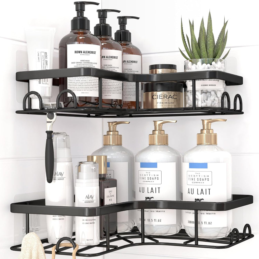 Sakugi Corner Shower Caddy - Rustproof Stainless Steel Organizers with 8 Hooks | No Drilling, 2 Pack, Black