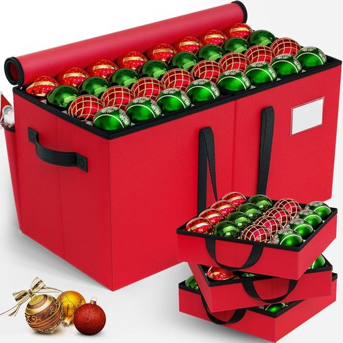 EverMerry Christmas Ornament Storage Box - Large Sturdy Container with Adjustable Dividers & 8 Trays | Holds 128 Decorations (Red)