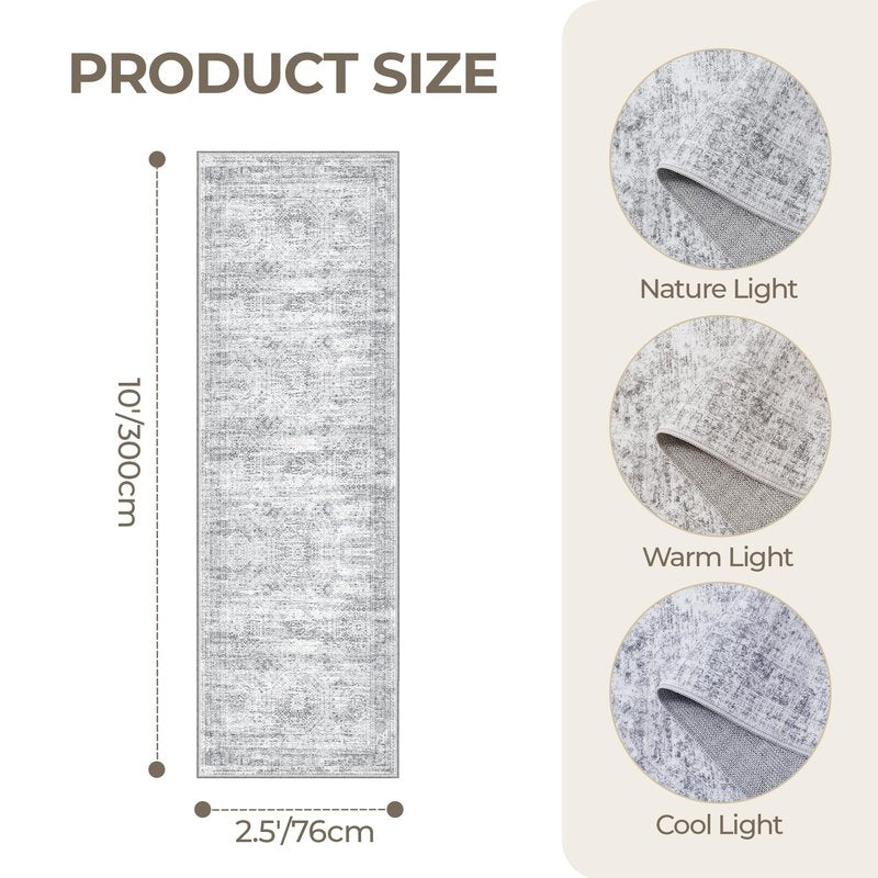 Restydon Kitchen Runner Rugs Non Skid Washable - 2.5 x 10 Runner Rug with Anti Slip Backing, Ultra-Thin Soft Rug Runner for Hallway, Bedroom, Living Room (2.5'x10', Grey/Ivory)