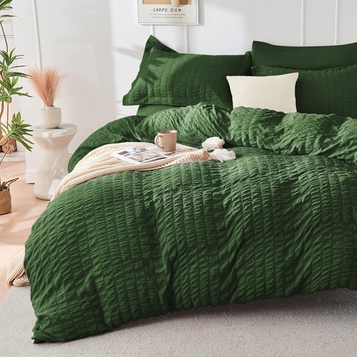 HYMOKEGE Twin Comforter Set - Dark Green Seersucker Luxury Bedding | 5-Piece All-Season Bed in a Bag