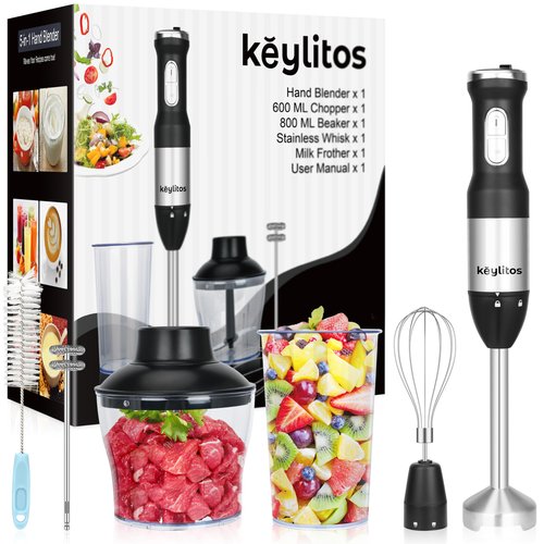 Keylitos 5 in 1 Immersion Hand Blender Mixer, [Upgraded] Handheld Stick Blender with 600ML Chopper, 800ML Beaker, Whisk and Milk Frother for Smoothie, Baby Food, Sauces Red,Puree, Soup (Black)