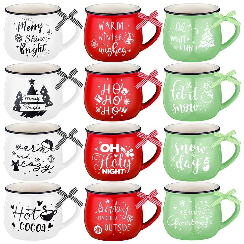 Suttmin 12 Pcs Ceramic Christmas Mugs Set 12 oz Christmas Coffee Cups with Ribbon for Tea and Coffee Xmas Holiday Gift Tiered Tray Decor for Hot Cocoa Kitchen Table, Red, Green, White