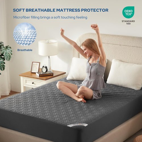 BEDLORE Waterproof Mattress Protector - Noiseless Queen Size Pad with Deep Pocket (6"-18") | Soft, Breathable, Washable Cover in Gray