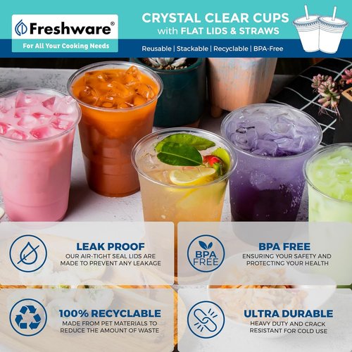 Freshware 12 oz Clear Disposable Plastic Cups - Heavy-Duty Tumblers with Lids & Straws | 100 Pack for Parties