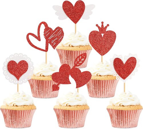 Ercadio Red Heart Cupcake Toppers - Glittery Valentine’s Day Picks for Bridal Showers & Parties | 24 Pack