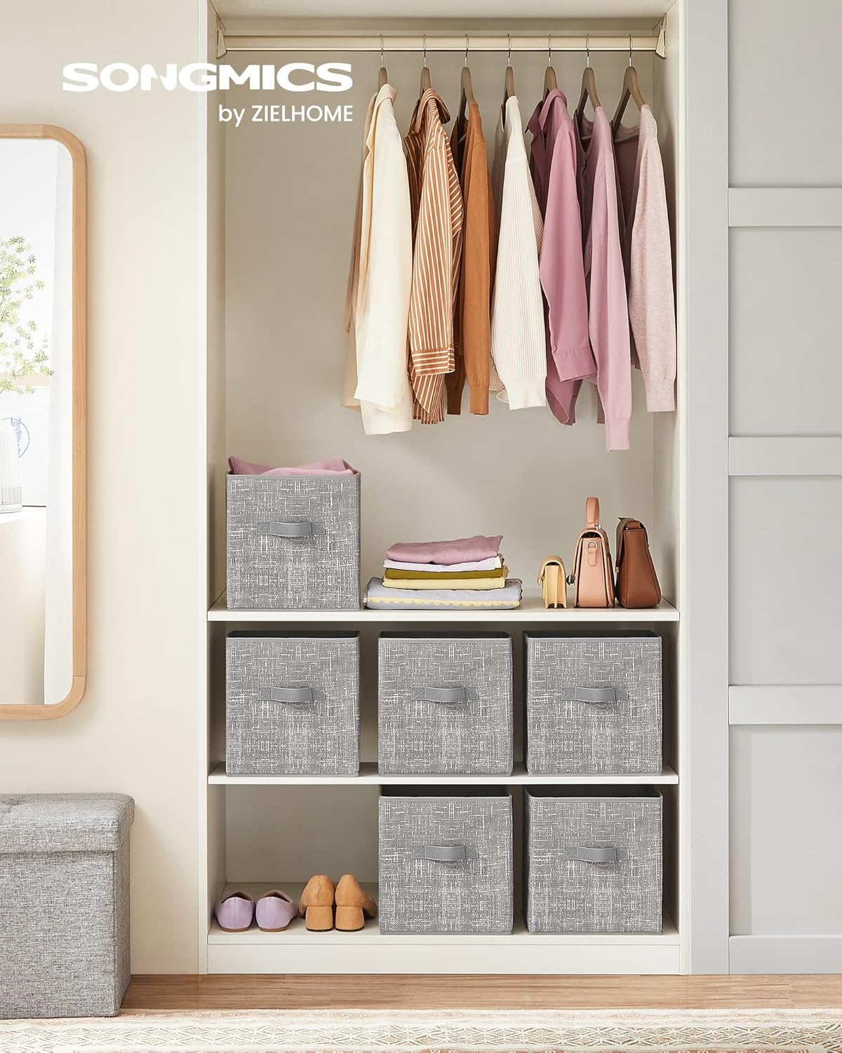 SONGMICS Storage Cubes - 11-Inch Foldable Non-Woven Fabric Bins with Double Handles | Set of 6 in Taupe for Closet Organization