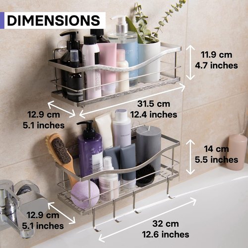 KINCMAX Premium Shower Caddy - Self-Adhesive Wall Organizer | 2-Pack Rustproof Stainless Steel Shelves, Silver