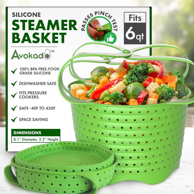 Avokado Silicone Steamer Basket for 6qt Instant Pot [3qt, 8qt avail], Other Pressure Cookers - 100% Food Safe, BPA-Free, Dishwasher Safe Collapsible Vegetable Steamer Basket & Strainer