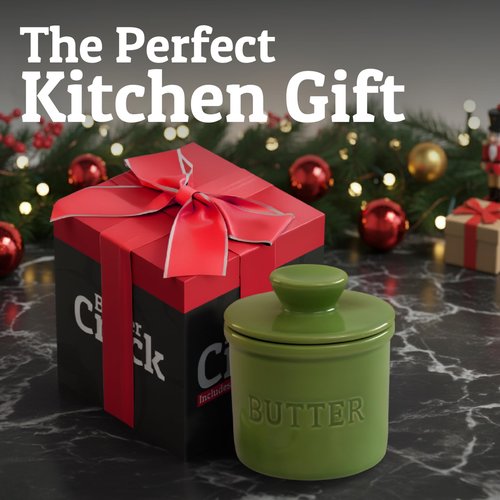 PriorityChef Butter Crock with Lid with Water Line, Ceramic French Butter Dish to Leave On Counter, Green