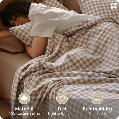 Bedsure 100% Washed Cotton Percale Sheets - Soft Gingham Queen Set with 18" Deep Pockets, Breathable Comfort