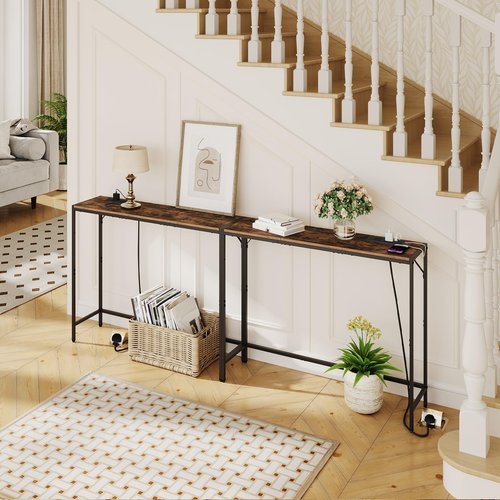 MAHANCRIS Console Table, Narrow Sofa Table, 43.3” Entrance Table with Power Station, Behind Couch Table, Simple Style, for Living Room, Hallway, Entryway, Foyer, Rustic Brown and Black CTHR112E01