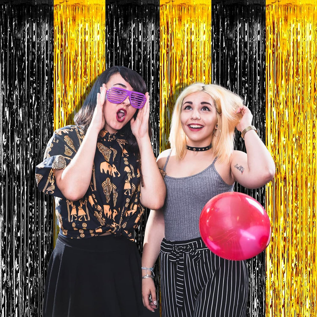 Skiennix Black Gold Foil Fringe Curtain Backdrop - 4 Pack Metallic Tinsel Streamers for Parties & Events