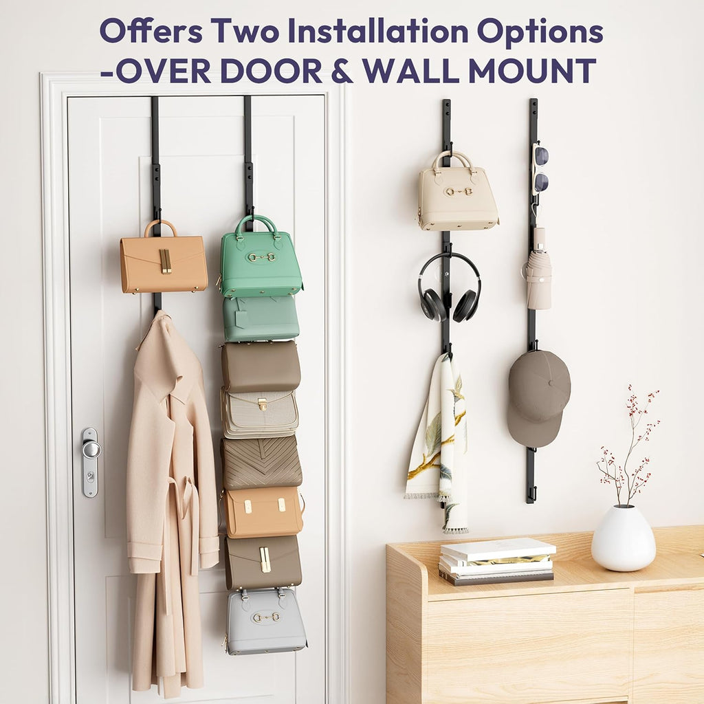 SWTYMIKI Over The Door Purse Organizer - Wall Mounted Rack with 8 Hooks for 16 Bags | Black