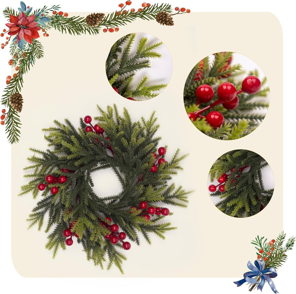 Regine Switzerland Christmas Candle Rings - 11.6 Inch Artificial Pine & Red Berries | Perfect for Holiday Decor & Centerpieces